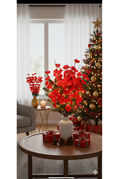 yapay çiçek evi 2 bucăți de ramuri de primăvară artificiale roșii cu 9 ramuri, floare în ghiveci în vază înaltă, floare cadou, floare în vază