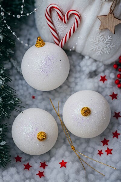 Derin Düşler زخرفة شجرة الصنوبر للعام الجديد زخرفة الكرة البيضاء اللامعة 8 سم 3 قطع زخرفة شجرة الصنوبر