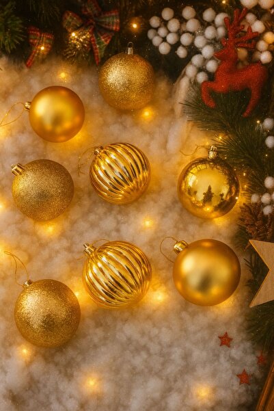 Derin Düşler Yılbaşı Çam Ağacı Süsü Gold Altın Top Süs 8 Cm 8 Li Paket Cici Top