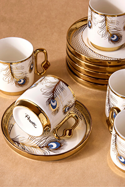 Perotti Cihangir 6-Person Porcelain Peacock Pattern Coffee Cup Set