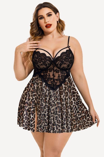 Yavili Dantel Dekolteli Büyük Beden Gecelik Tanga Takım