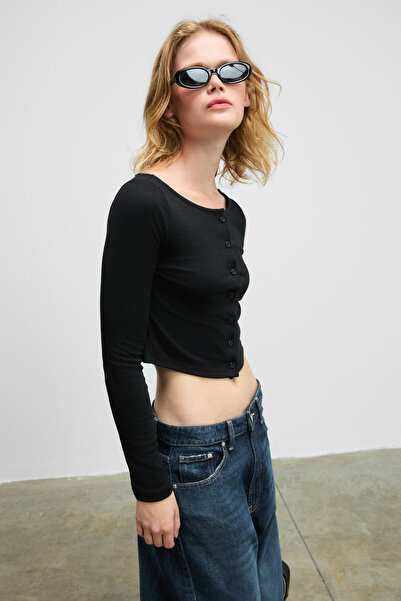 GRIMELANGE Sway Women's Round Neck Functional Button Closure Front Stretchy Fabric Crop Black Blouse