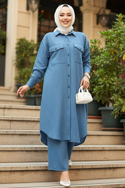 Neva Style Indigo Blue Button Hijab Διπλό Σετ 44661IM