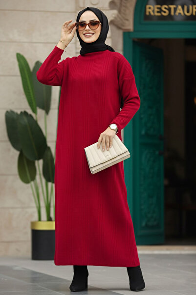 Neva Style Rochie tricotată Hijab roșie cu guler înalt 34150K