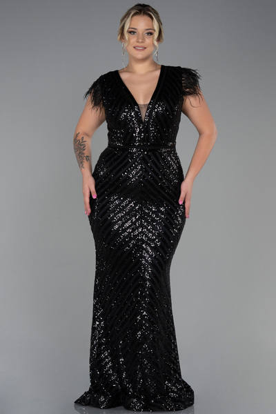 Abiyefon Siyah Pul Işlemeli Otrişli Büyük Beden Abiye Elbise Abu1044