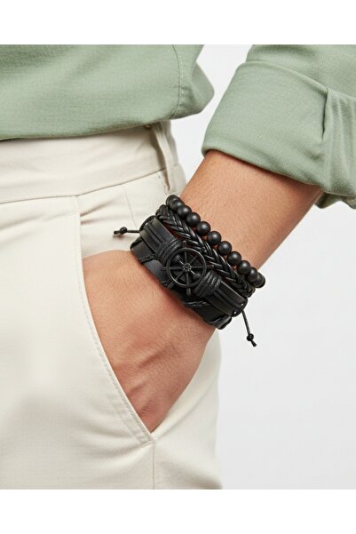 BSN Store Black Rudder Figured 4-Piece Genuine Leather Bracelet