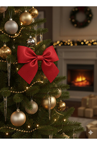 AMALFİ Kırmızı Simli Eva Fiyonk Dekor Yılbaşı Çam Ağacı Süs 25 X 25cm.