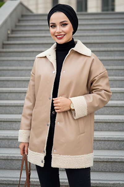 Neva Style Jachetă de piele Hijab bej cu detaliu de blană 9310BEJ