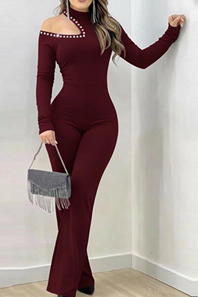Butik Women's One-Shoulder Open Turtleneck Stone Detailed Long Imported Crepe Jumpsuit