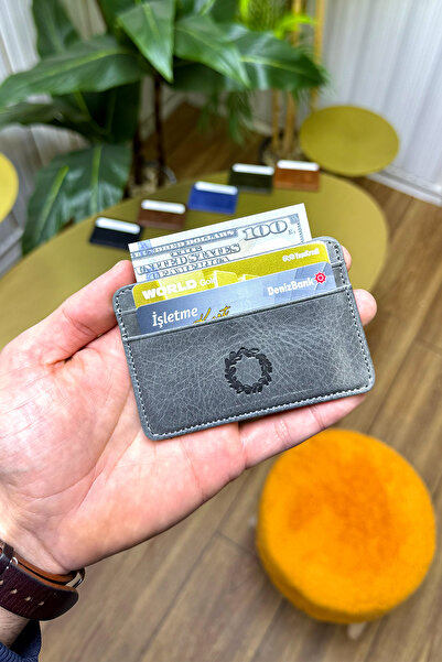 CüzCan Unisex Antrasit Gri Mini Design Hakiki Deri Kartlık Cüzdan ( Erkek - K...