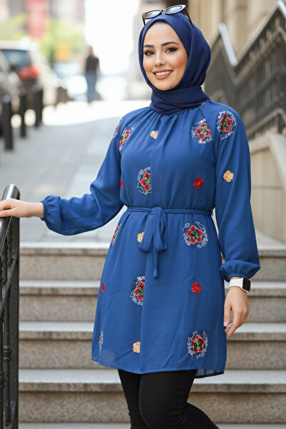Neva Style Τονίκ 4084IM με φλοράλ μοτίβο Indigo Blue Hijab