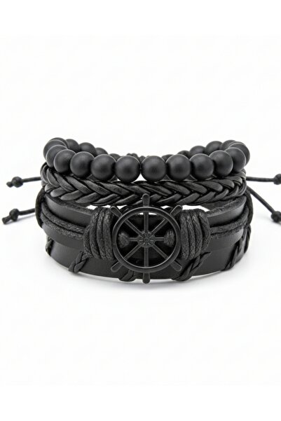 BSN Store Black Rudder Figured 4-Piece Genuine Leather Bracelet