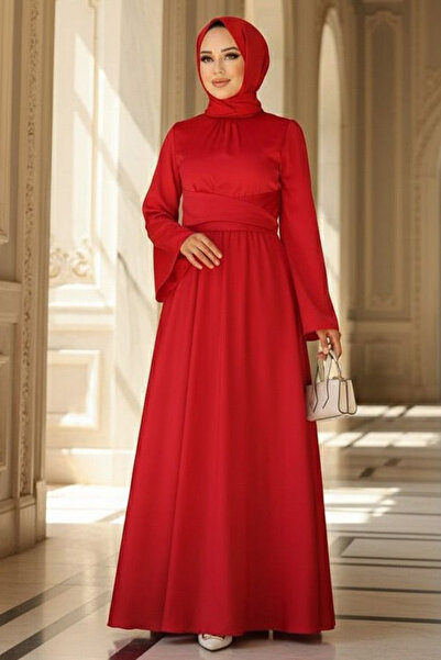 Neva Style Red Hijab Satin Evening Dress 6105K