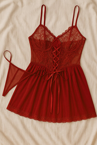 LİBELLA İÇ GİYİM Γυναικείο Σετ Babydoll και εσώρουχο με κορδόνια σε κόκκινο-μπορντό χρώμα