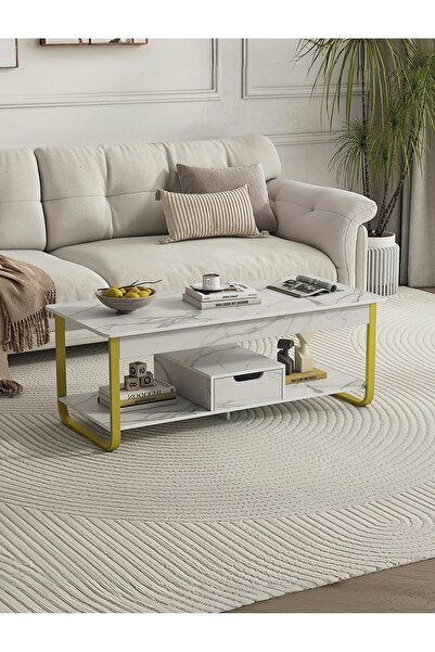 Venpara Modern Marble Coffee Table with Double Layer Storage Capacity & U-Shape Steel Frame