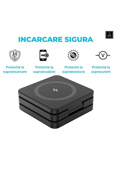 AVR SMART Încărcător wireless 3 în 1, suport pliabil compact, încărcare rapidă MagSafe, negru