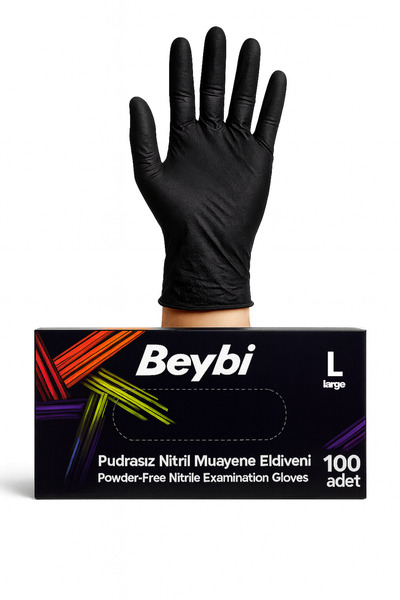 Beybi Powder Free Black Nitrile Exam Gloves-Box of 100