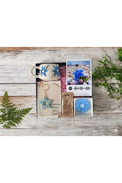 MARMORİ MAVİ ÇİÇEK EL YAPIMI SERAMİK KUPA KİŞİYE ÖZEL FOTOGRAF YILDIZ ANAH. KAHVE MUMLU HEDİYE SETİ