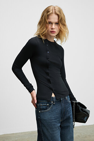 GRIMELANGE Sombra Women's Round Neck Front Placket Functional Buttoned Bodycon Stretchy Black Blouse