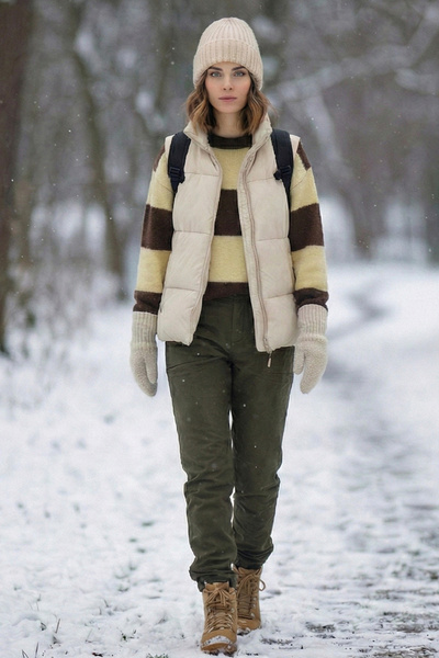 VEGENZE Γυναικείο πλεκτό κίτρινο καφέ μπλοκ με ριγέ λαιμόκοψη