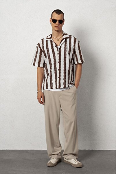 Plus Eighteen Striped Brown Knitwear Men's Shirt