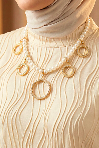 TwinsCollection Tam ve Çeyrekli Altın Uyumlu 8 mm İncili 5'i Bir Yerde Kolye