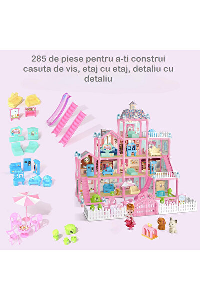 Smart Vibe Casă de păpuși SmartVibe cu lumini LED și 285 de piese, 4 etaje, 12 camere, mobilier detașabil pink