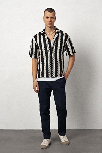 Plus Eighteen Striped Black Knitwear Men's Shirt