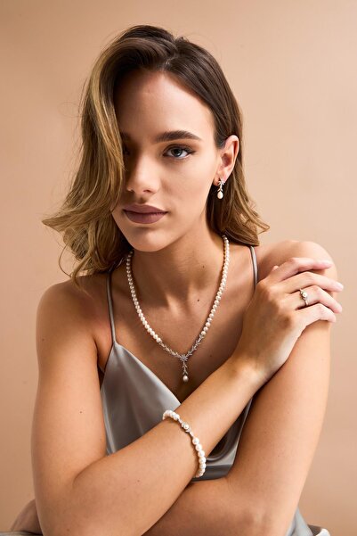 Birinci 14 Ayar Altın 6 mm Yaprak Modelli Doğal İnci Küpe Kolye Bileklik Yüzük Dörtlü Set BVRTZ120163Z120164