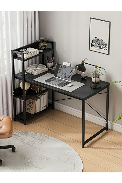 Venpara Computer Desk with Bookshelf, Office Table with Reversible Storage Shelf, 4-Tier Shelves Study Table