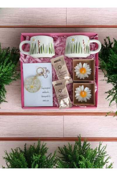 MARMORİ 2li kır papatyası el yapımı seramik kupallı papatya mumlu kahveli dos...