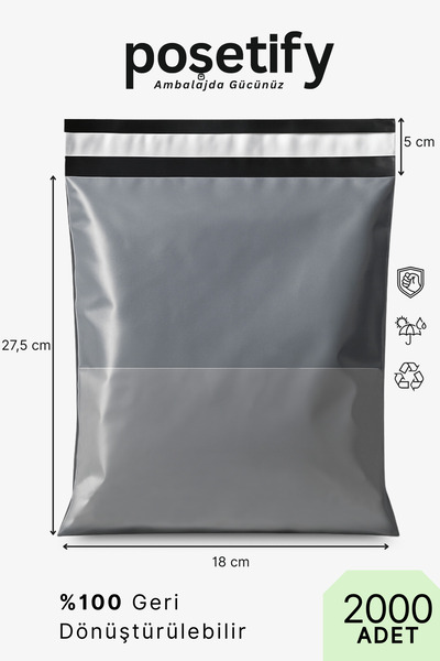 POŞETİFY Cepli Kargo Poşeti 18x27,5x5 cm | 2000 Adet | E-Ticaret Poşeti | Gri...