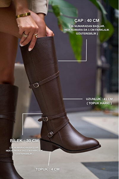 kalyoncu moda Gerber Gerçek Deri Kahve Renkli Üç Tokalı Topuklu Kadın Çizme
