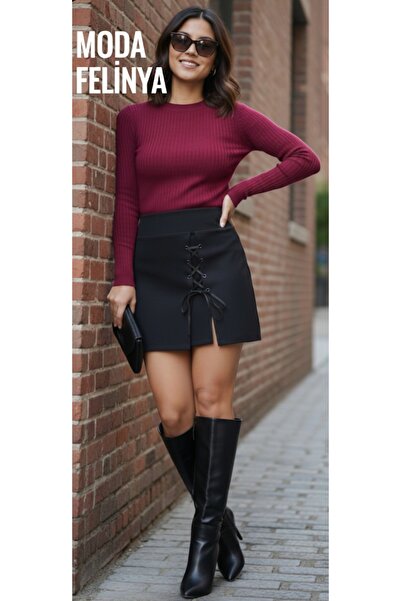 moda felinya Țesătură neagră din oțel cu material elastic șireturi fustă pant...