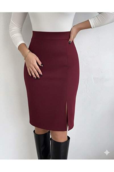 Green'DAL Fusta creion cu fantă din țesătură din piele intoarsa cu talie elas...