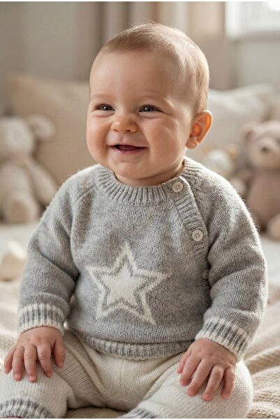 Bursa Trikomer Star Knit Patterned Stylish Side Buttoned High Neck Knitwear Soft Textured Baby Set