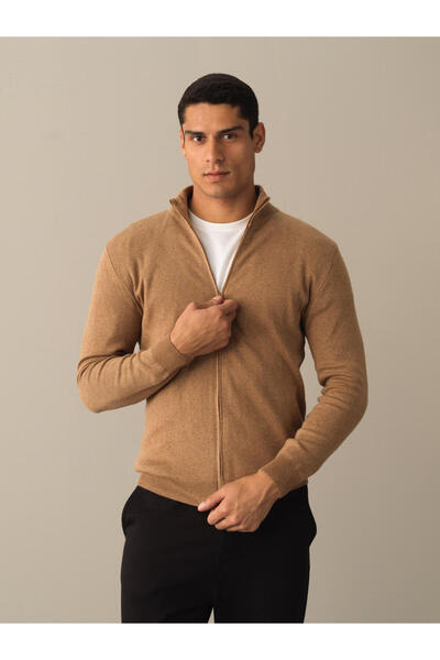 Xint Erkek Camelmelanj %100 Pamuk Regular Fit Fermuarlı Basic Hırka