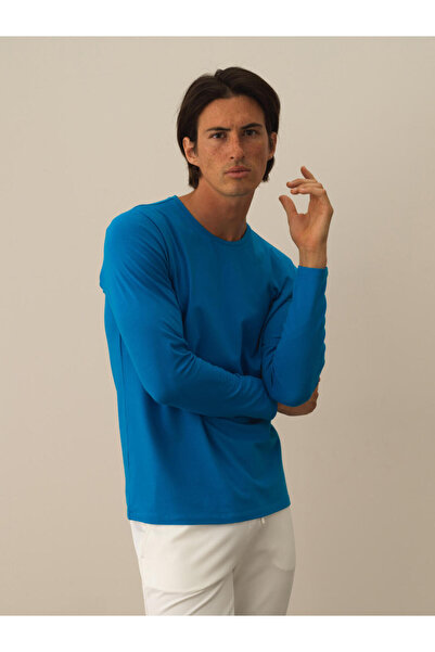 Xint Erkek Mavi Modal Dokulu Slim Fit Uzun Kollu Tişört