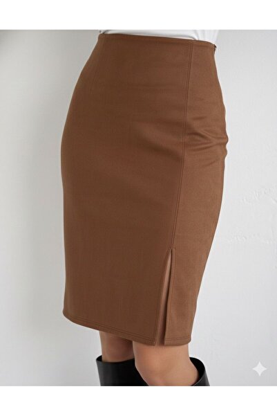 Green'DAL Fusta creion cu fantă din țesătură din piele intoarsa cu talie elas...