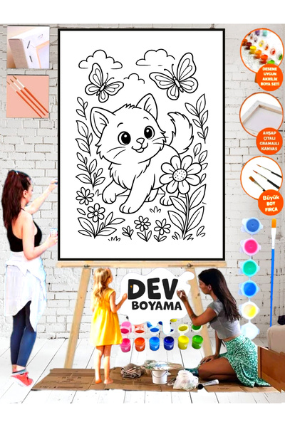 Elittablo MEGA Boyama Sayılarla Kedi boyama 25x35 Kanvas Tuval akrilik Çocuk ...