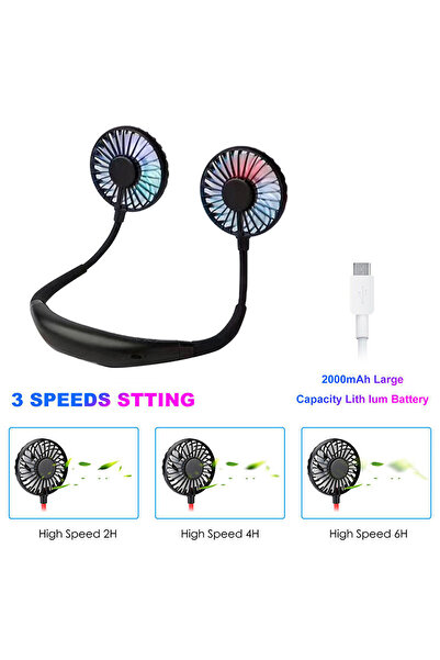 KADRAMA Portable Hanging Neck Fan, Dual Cooling, USB Rechargeable 2000mAh, LED & Aromatherapy (Black)