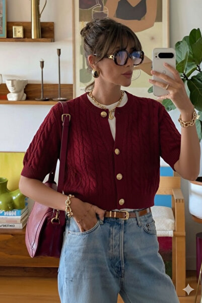 MoonliWear Women's Burgundy Crew Neck Hair Braided Knitwear Cardigan
