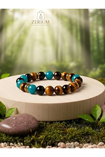 ZERİUM سوار من الأحجار الكريمة الأصلية من الفيروز وعين النمر ذو الطاقة الثلاث...