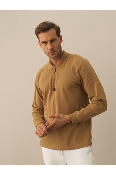 Xint Erkek Camel Pamuk Dokulu Regular Fit Uzun Kollu Tişört