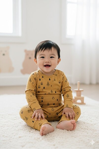 Milk & Muffin Sarı Ağaç Desenli Uzun Kollu Bebek Tulum