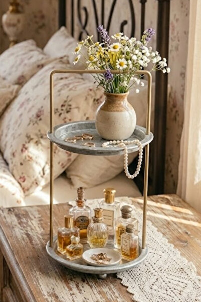 Arma House Country Style Galvanized Gold Rimed Round 2 Tier Presentation Plate / Organizer