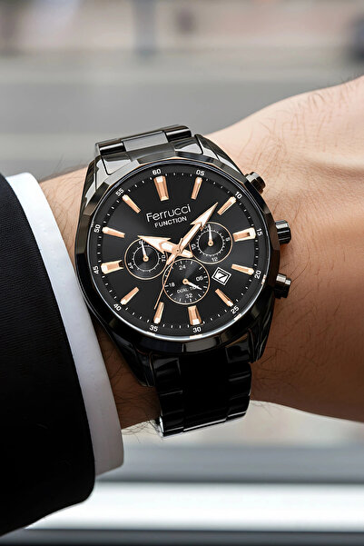 Ferrucci Function Erkek Kol Saati Çelik Kordon Siyah Bileklik Hediyeli 3atm sdfer061