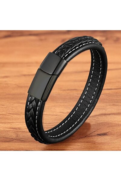 Caseras Saç Örgülü Doğal Deri Ve Çelik Erkek Bileklik