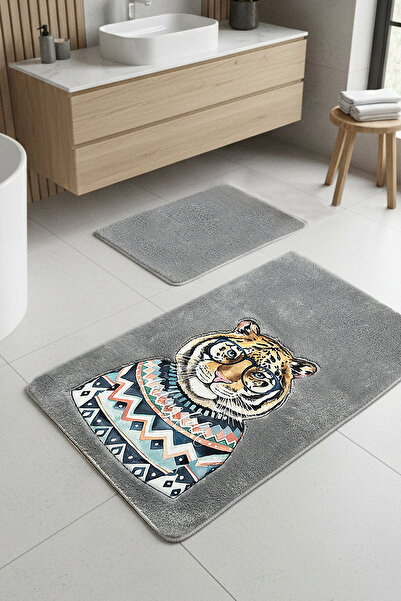 Chilai Home Logwe Gray 2-Piece Embroidered Bath Mat, Non-Slip Base 60X100 50X60 cm