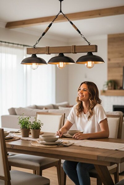 ONUR AVİZE Retro Wıntage Tokyo 3'lü Ahşap Avize